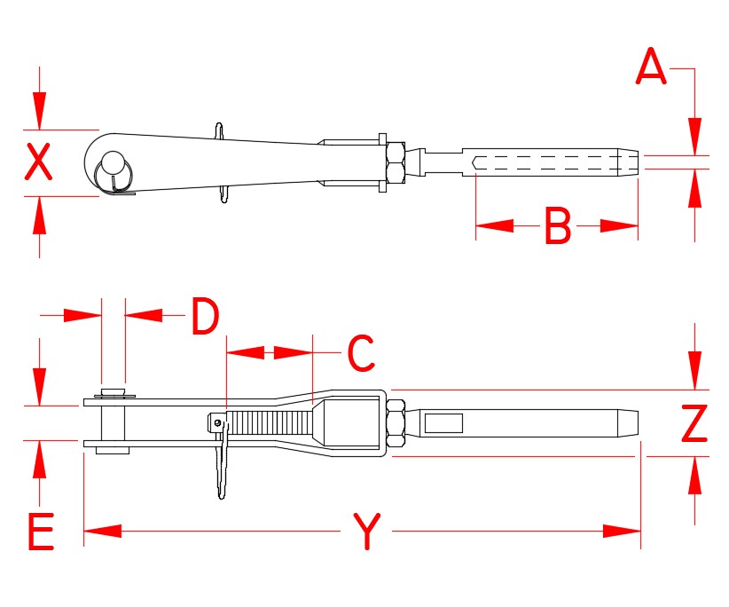 Stainless Steel Lifeline Adjuster & Hand Swage Stud, S0745-H003, S0745-H005, Line Drawing